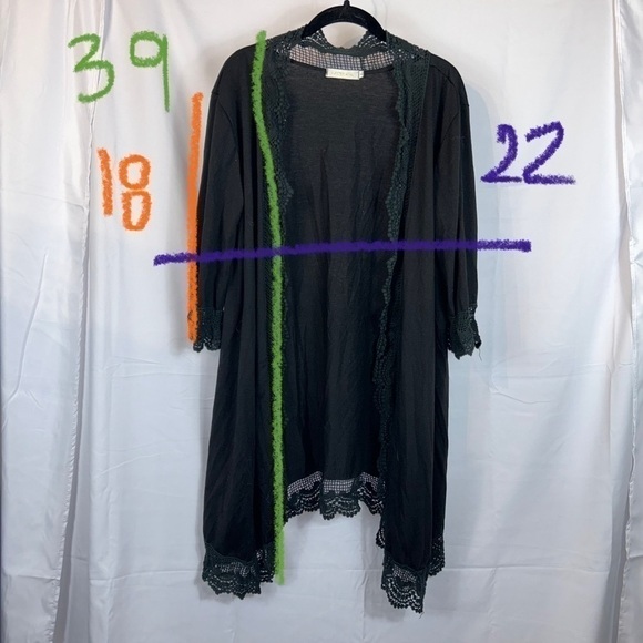 Hipster Row Cardigan Lace Crochet Trim Full Length 3/4 Sleeve Flowy Duster Top - Picture 5 of 9